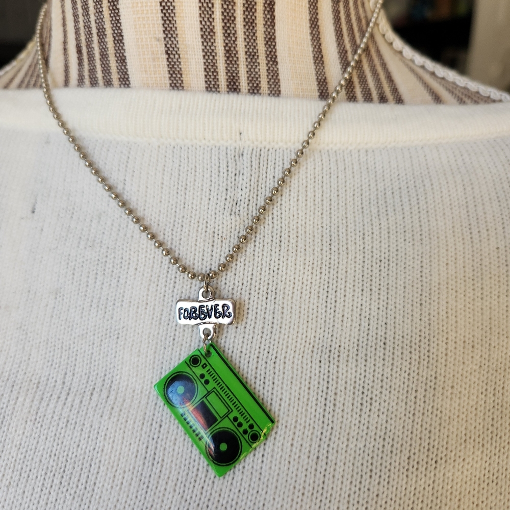 Designer Forever Boombox Charm Green & Silver Bead Chain Necklace